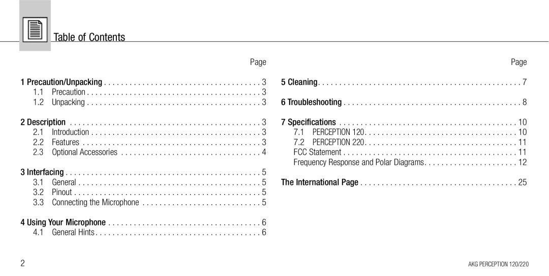 AKG Acoustics 120, 220 manual Table of Contents 