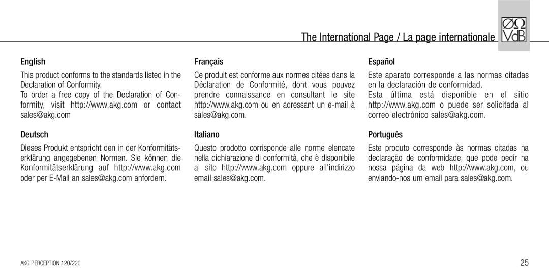 AKG Acoustics 220, 120 manual International Page / La page internationale, Português 