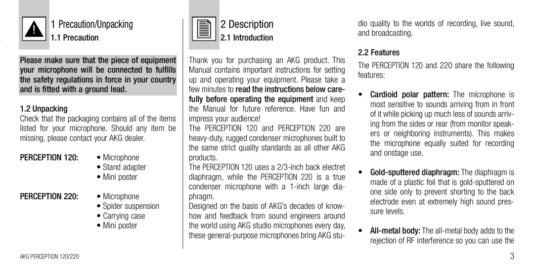 AKG Acoustics 220, 120 manual Description 