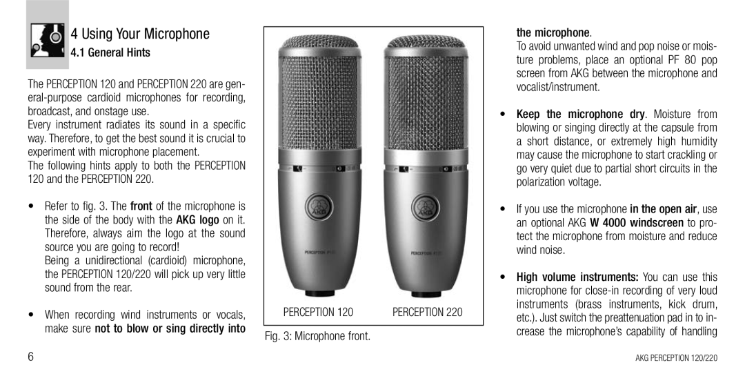 AKG Acoustics 120, 220 manual Using Your Microphone, Microphone front 