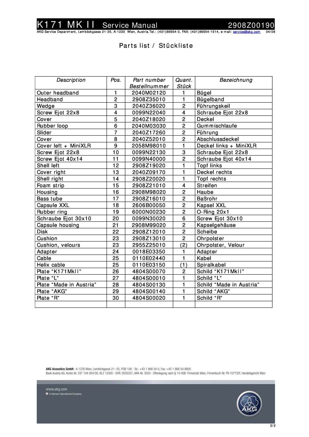 AKG Acoustics 2908Z00190 service manual Parts list / Stückliste 