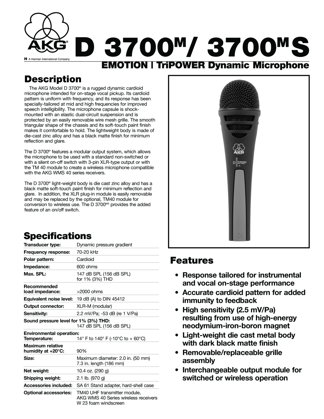AKG Acoustics 3700S specifications EMOTION TriPOWER Dynamic Microphone Description, Specifications, Features 