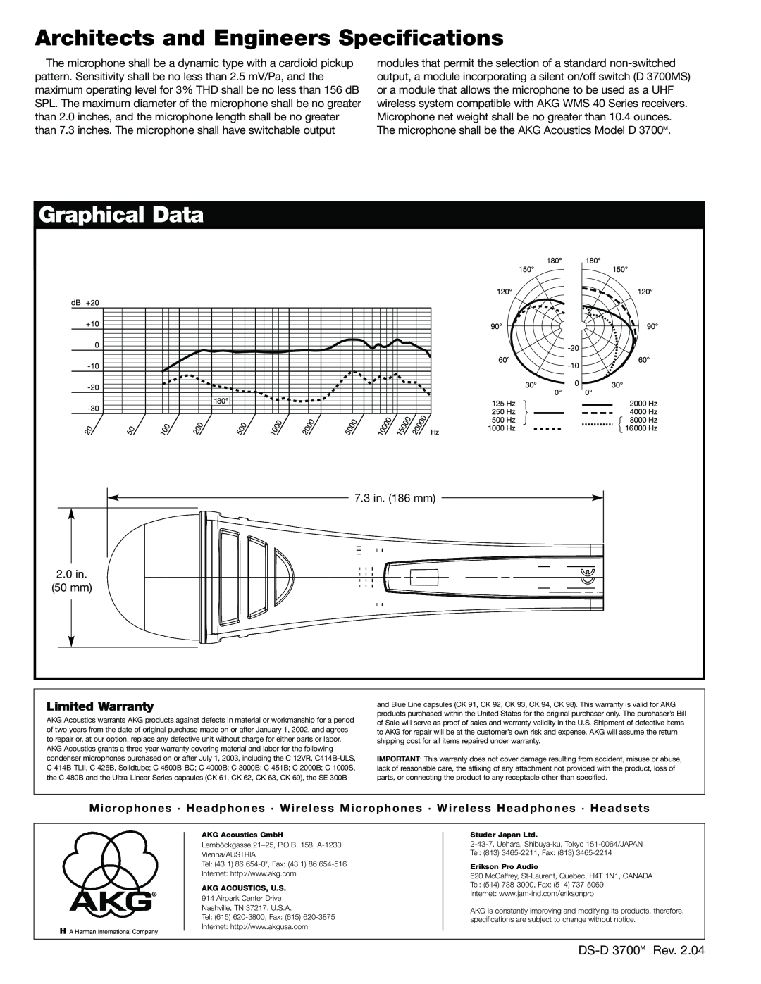 AKG Acoustics Architects and Engineers Specifications, Graphical Data, Limited Warranty, DS-D 3700M Rev, 7.3 in. 186 mm 