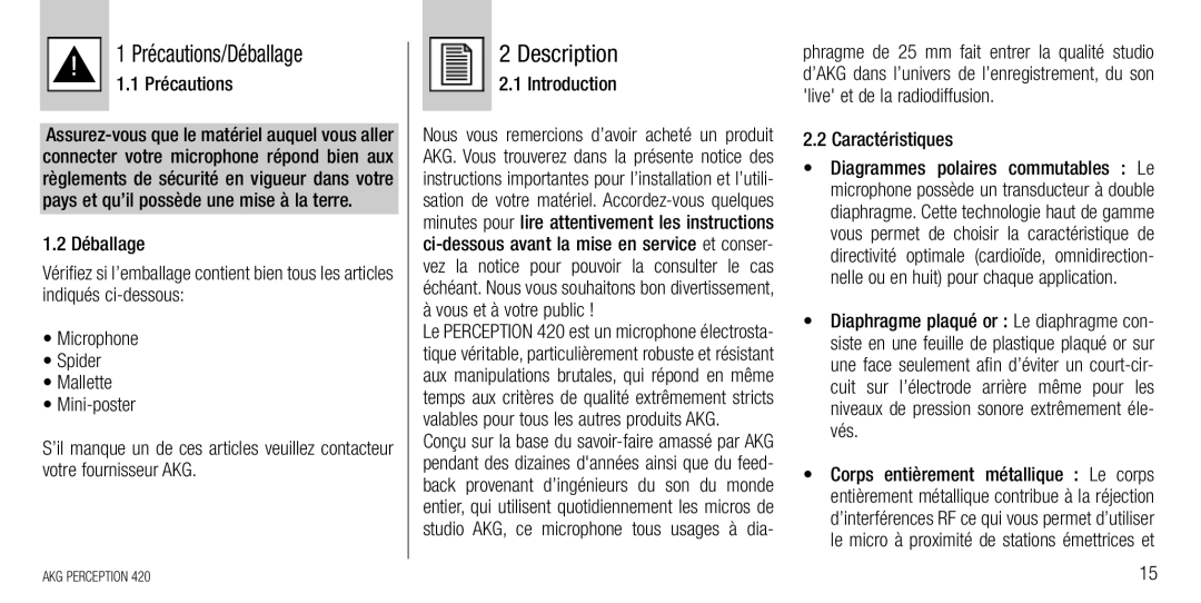 AKG Acoustics 420 manual ! 11.1Précautions/DéballagePrécautions, Caractéristiques 