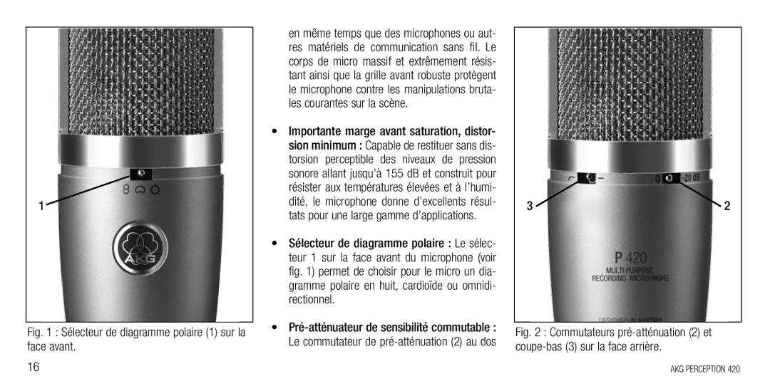 AKG Acoustics 420 manual Sélecteur de diagramme polaire 1 sur la face avant 