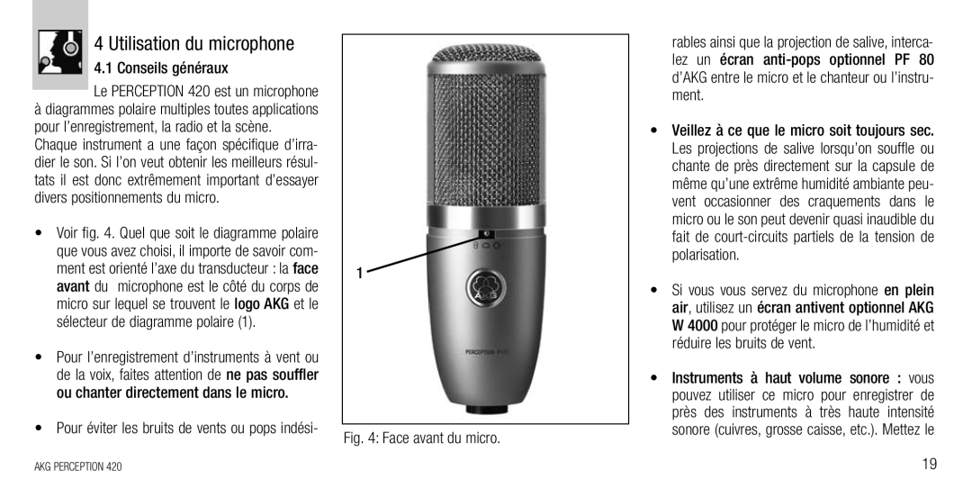 AKG Acoustics 420 manual Utilisation du microphone, Conseils généraux 