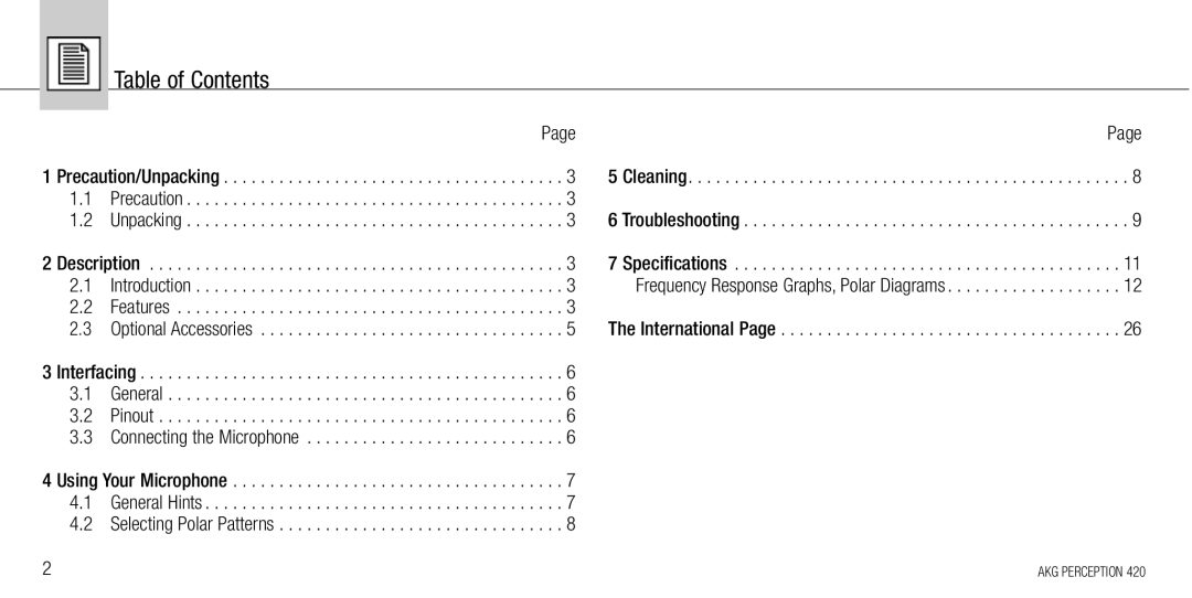 AKG Acoustics 420 manual Table of Contents 