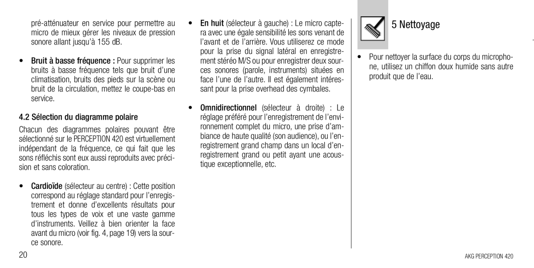 AKG Acoustics 420 manual Nettoyage, Sélection du diagramme polaire 