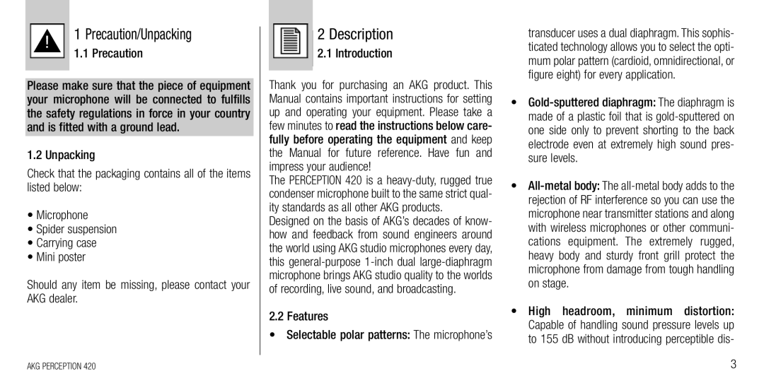 AKG Acoustics 420 manual Description, ! 11.1Precaution/UnpackingPrecaution, Introduction, Features 