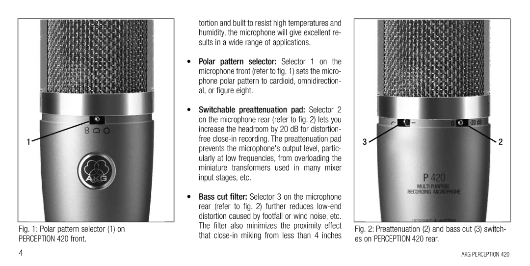 AKG Acoustics manual Polar pattern selector 1 on Perception 420 front 