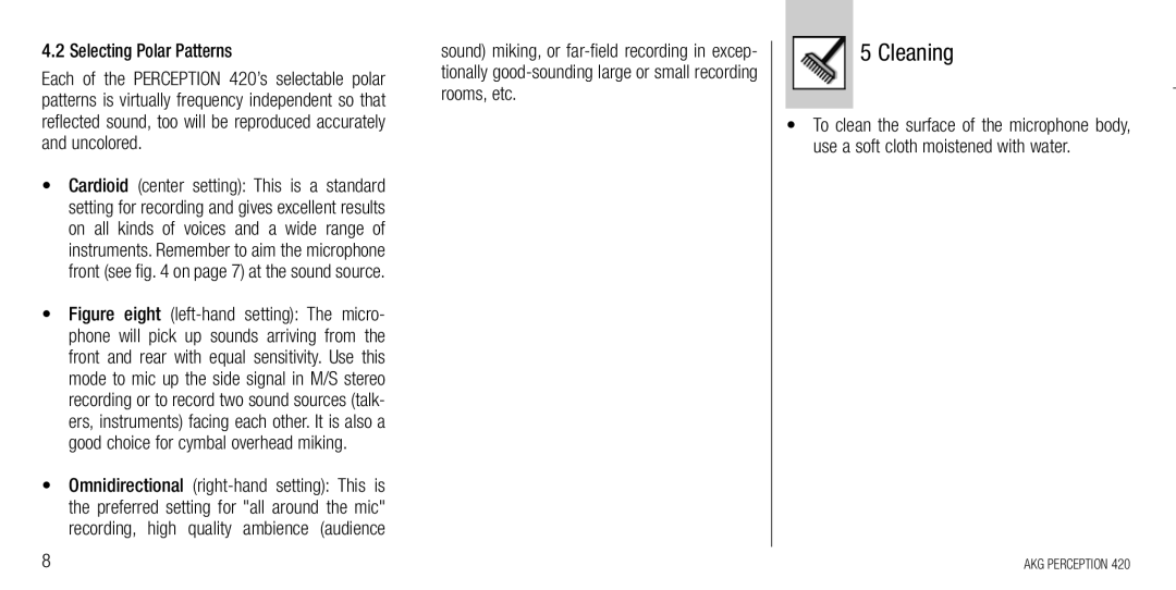 AKG Acoustics 420 manual Cleaning, Selecting Polar Patterns 