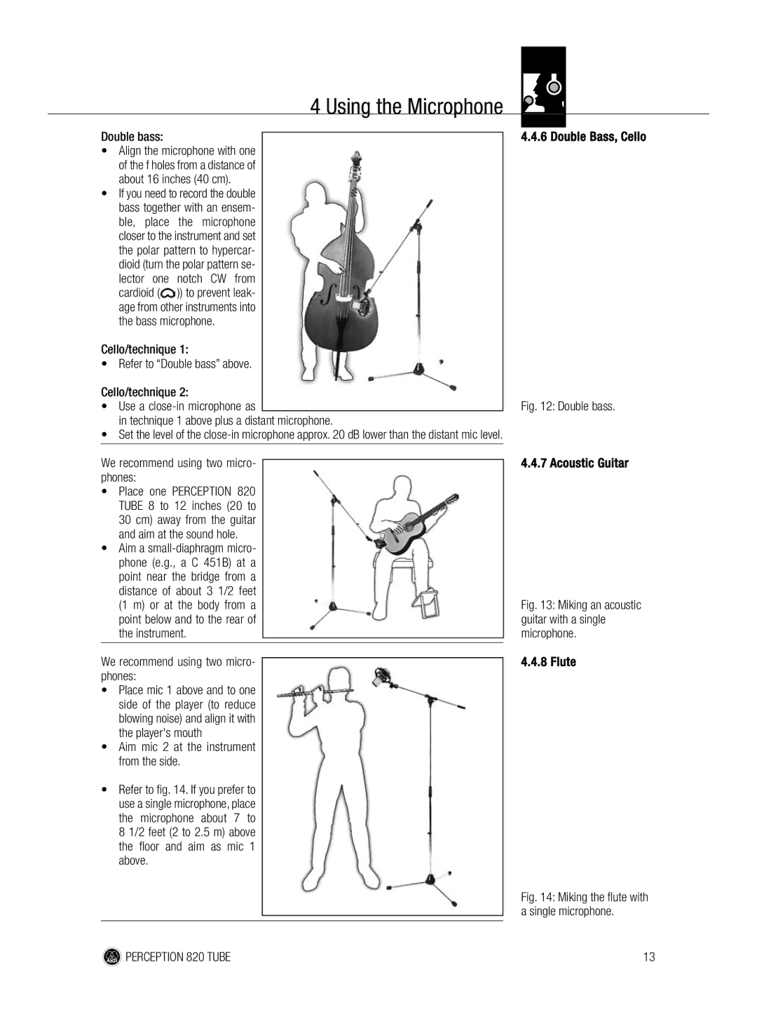 AKG Acoustics 820 manual Double bass, Double Bass, Cello, Aim mic 2 at the instrument from the side, Acoustic Guitar, Flute 