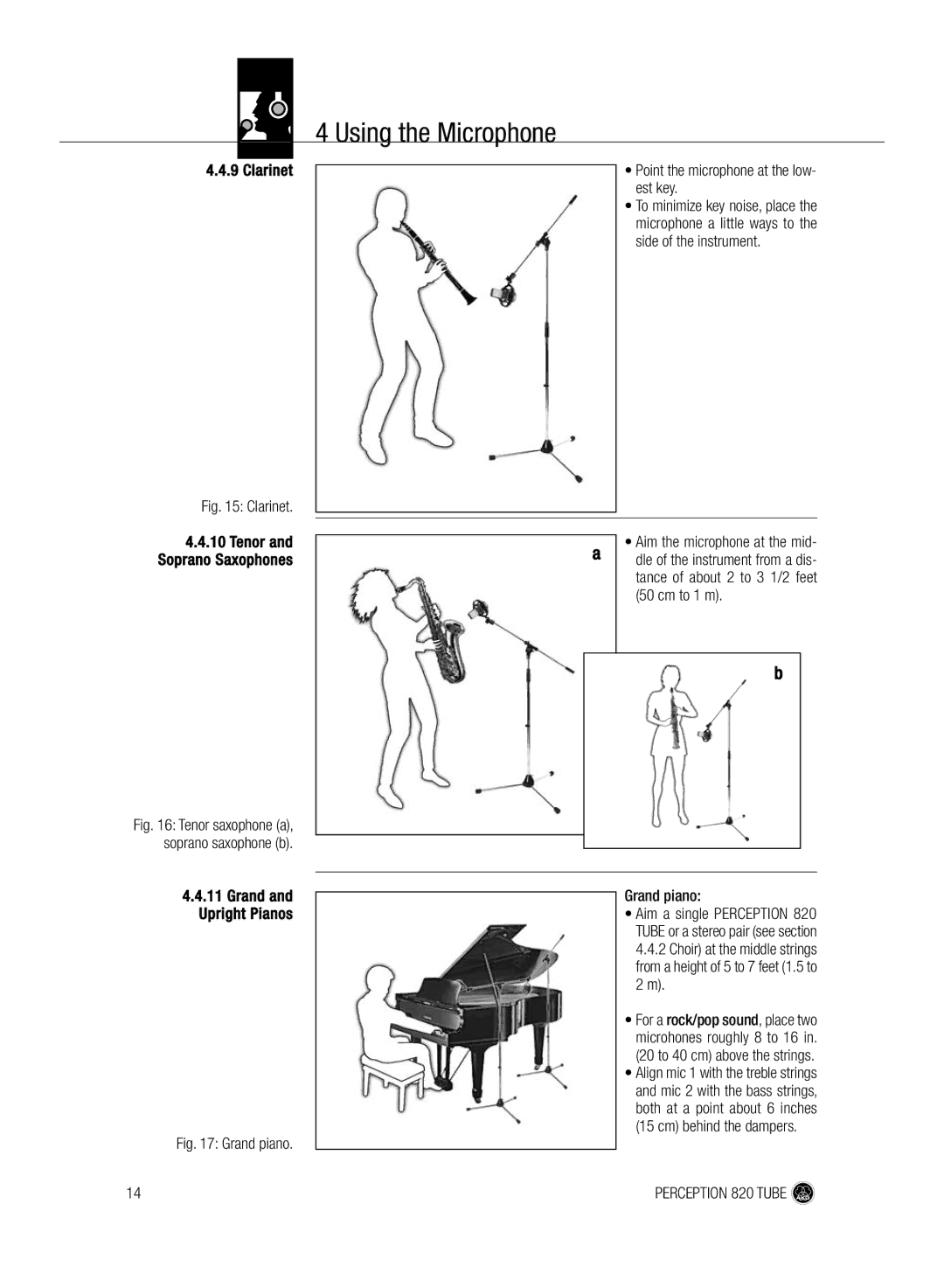 AKG Acoustics 820 manual Clarinet Point the microphone at the low- est key 