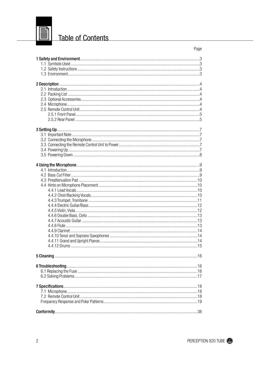 AKG Acoustics 820 manual Table of Contents 