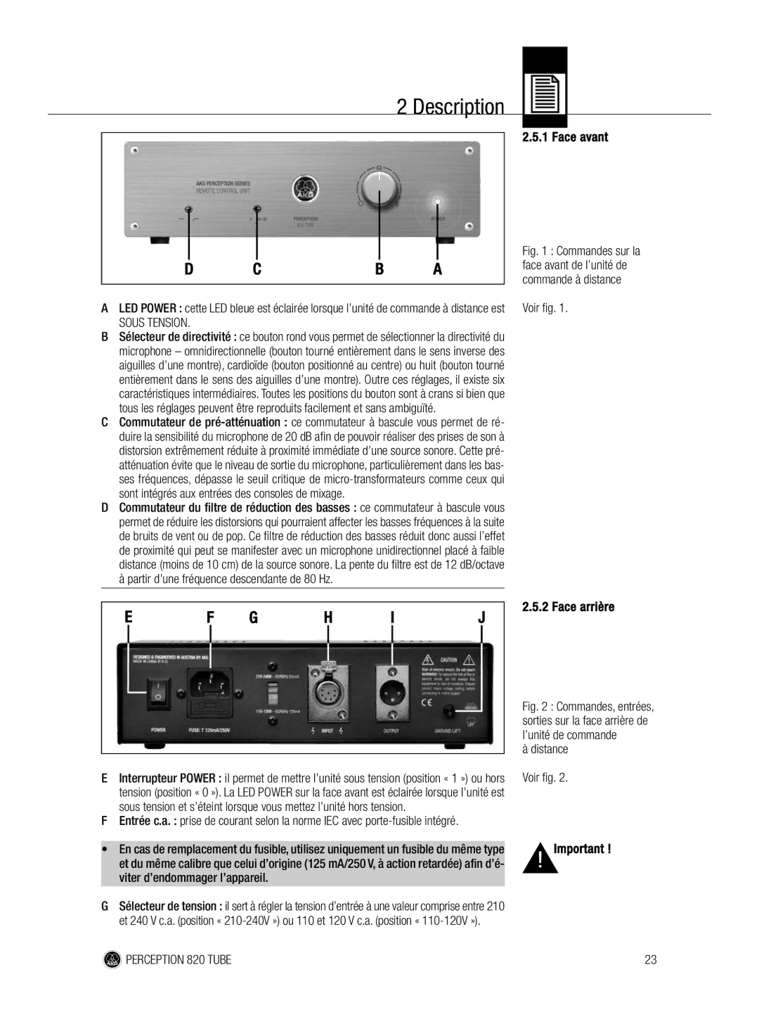 AKG Acoustics 820 manual Face avant, Voir fig, Face arrière, Distance 