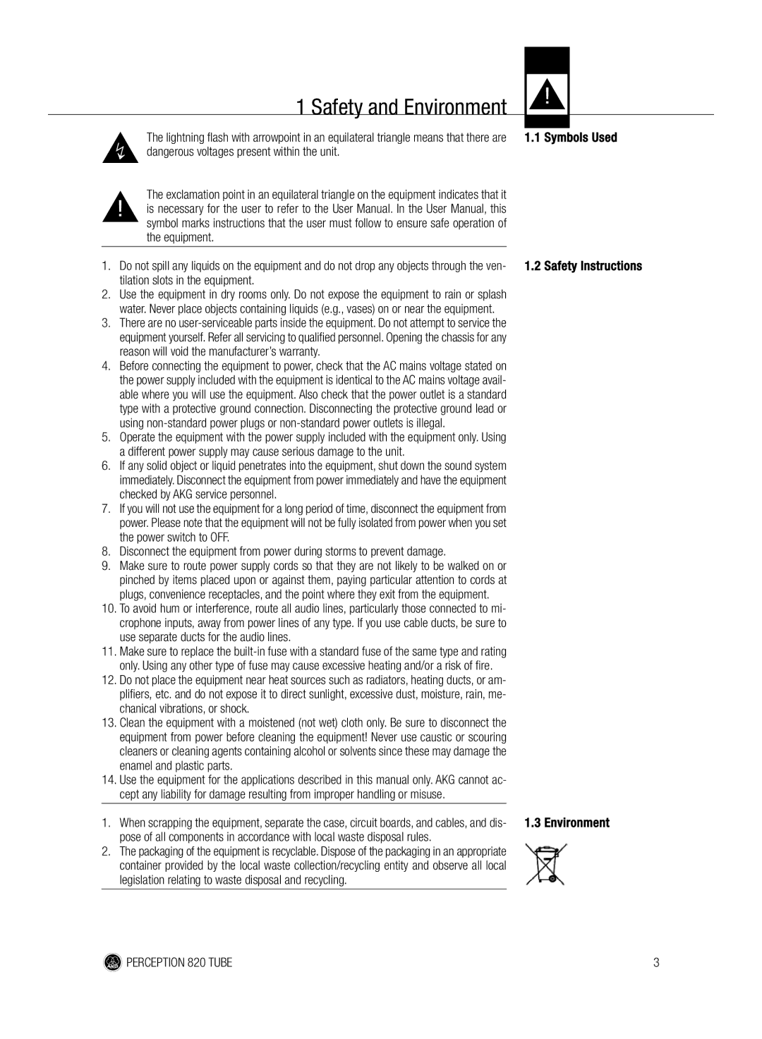 AKG Acoustics 820 manual Safety and Environment, Symbols Used Safety Instructions 