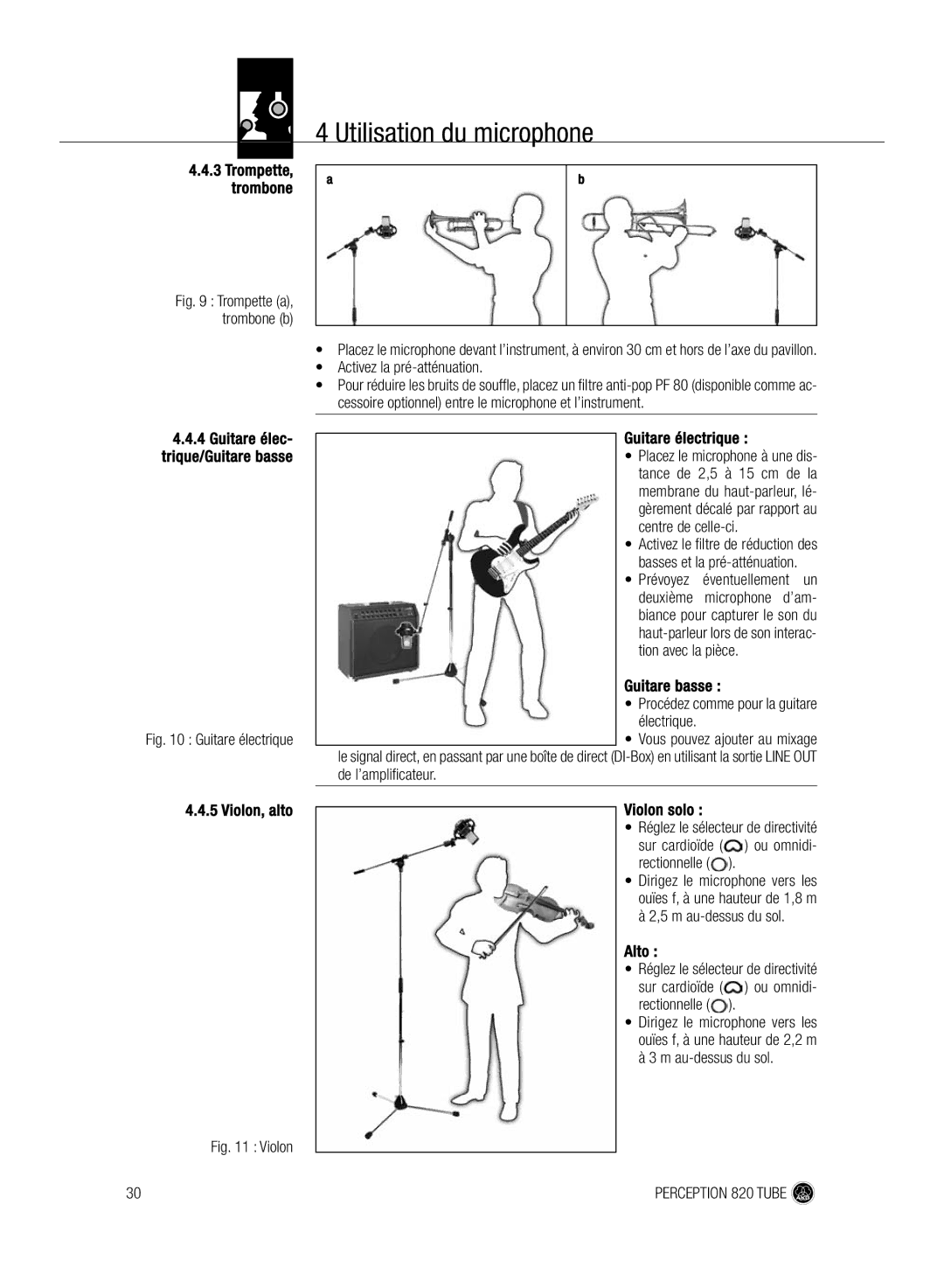 AKG Acoustics 820 manual Guitare électrique, Guitare basse, Violon, alto, Violon solo, Alto 