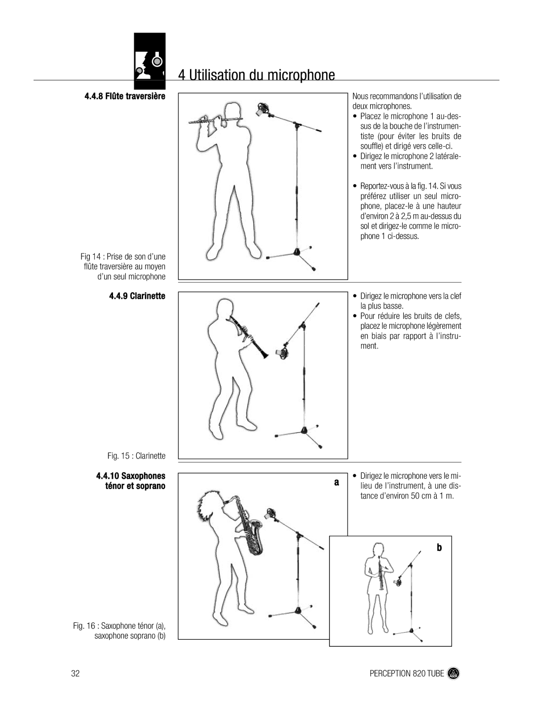 AKG Acoustics 820 manual 8 Flûte traversière, Clarinette, Dirigez le microphone vers la clef la plus basse 