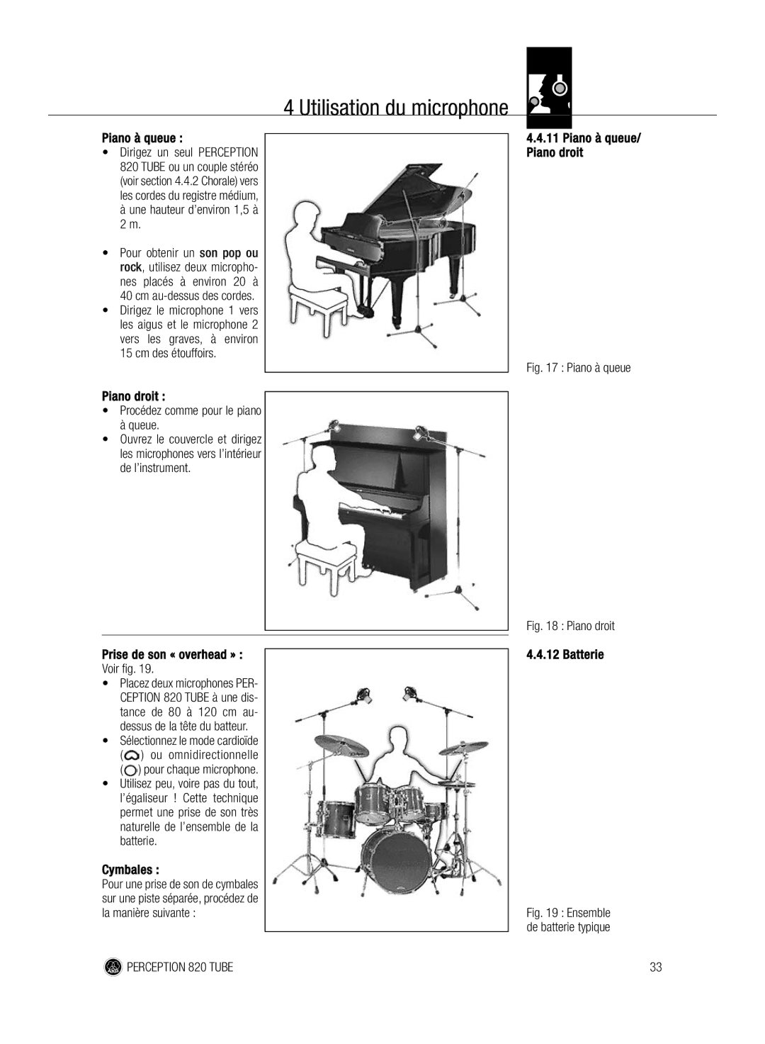 AKG Acoustics 820 manual Piano à queue/ Piano droit, Cymbales, Batterie 