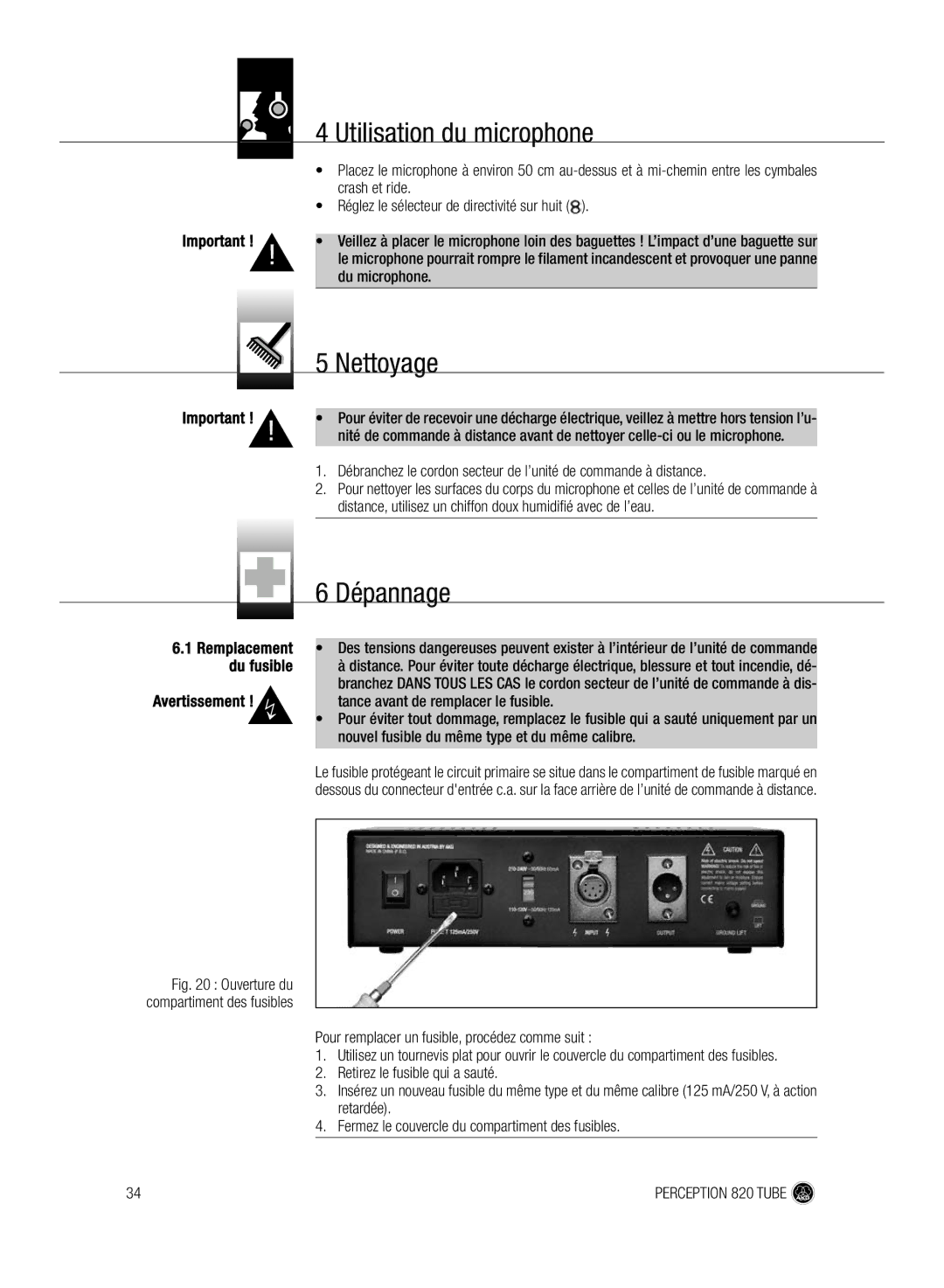 AKG Acoustics 820 manual Nettoyage, Dépannage, Du fusible, Avertissement 