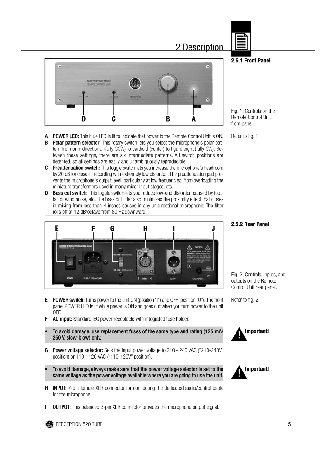 AKG Acoustics 820 manual Front Panel, Refer to fig, Rear Panel 