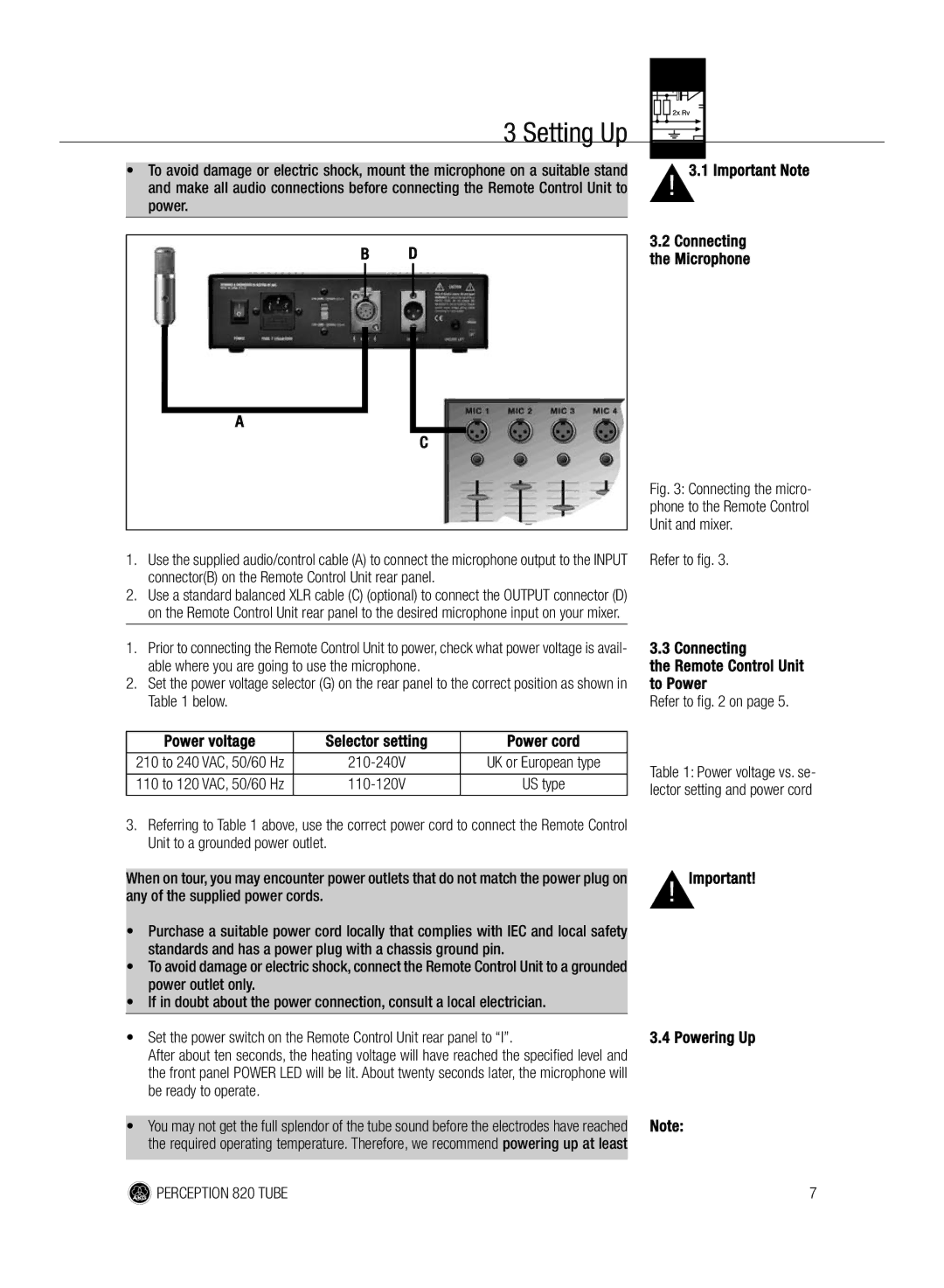 AKG Acoustics 820 manual Important Note, Power voltage Selector setting Power cord, Connecting Remote Control Unit to Power 