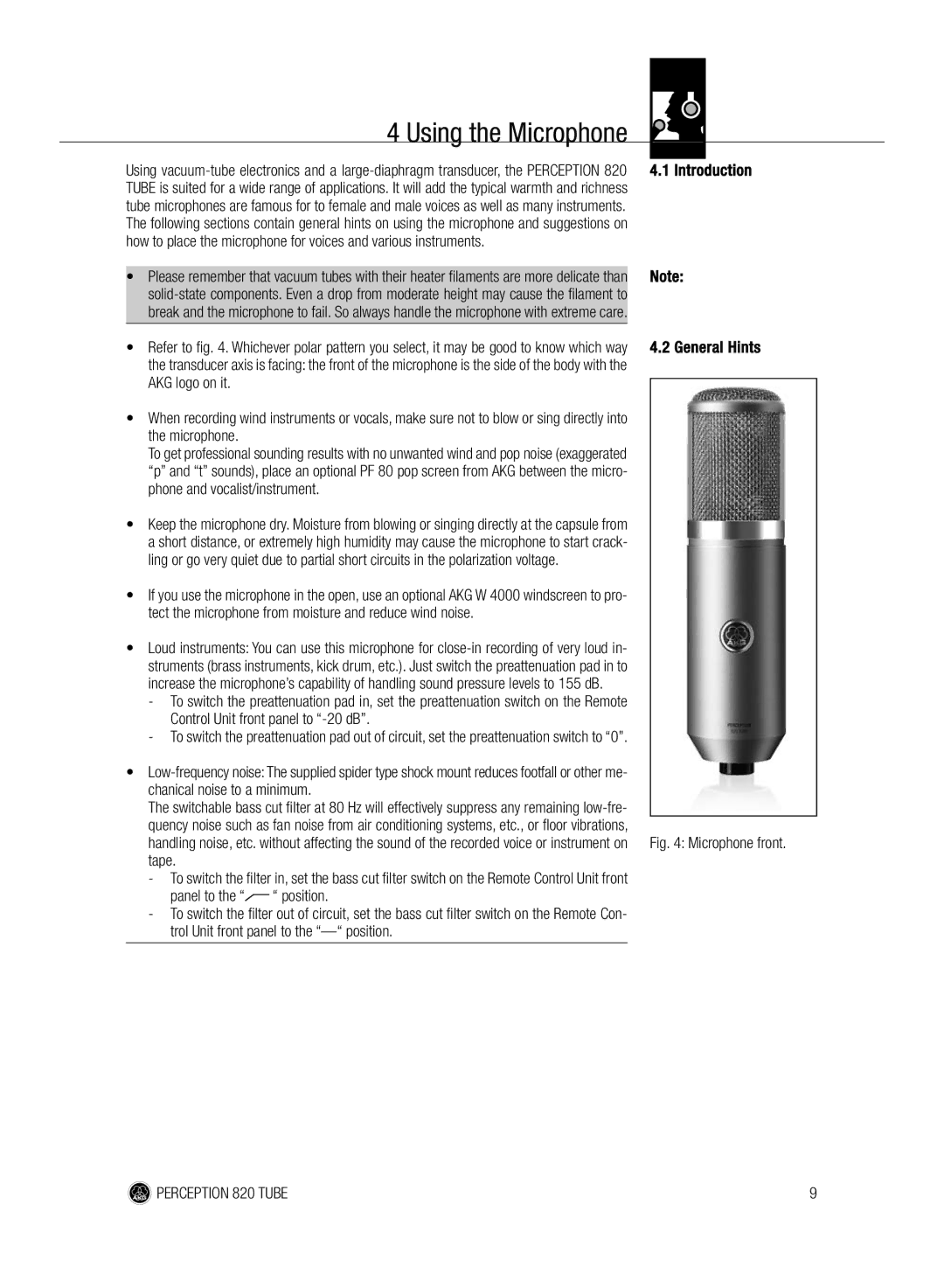 AKG Acoustics 820 manual Using the Microphone, Introduction, General Hints, Tape 