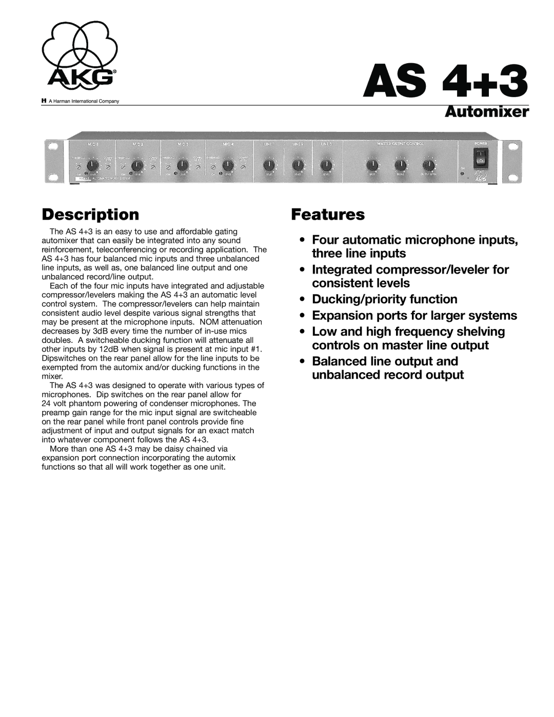 AKG Acoustics AS 4+3 manual Description, Automixer Features 