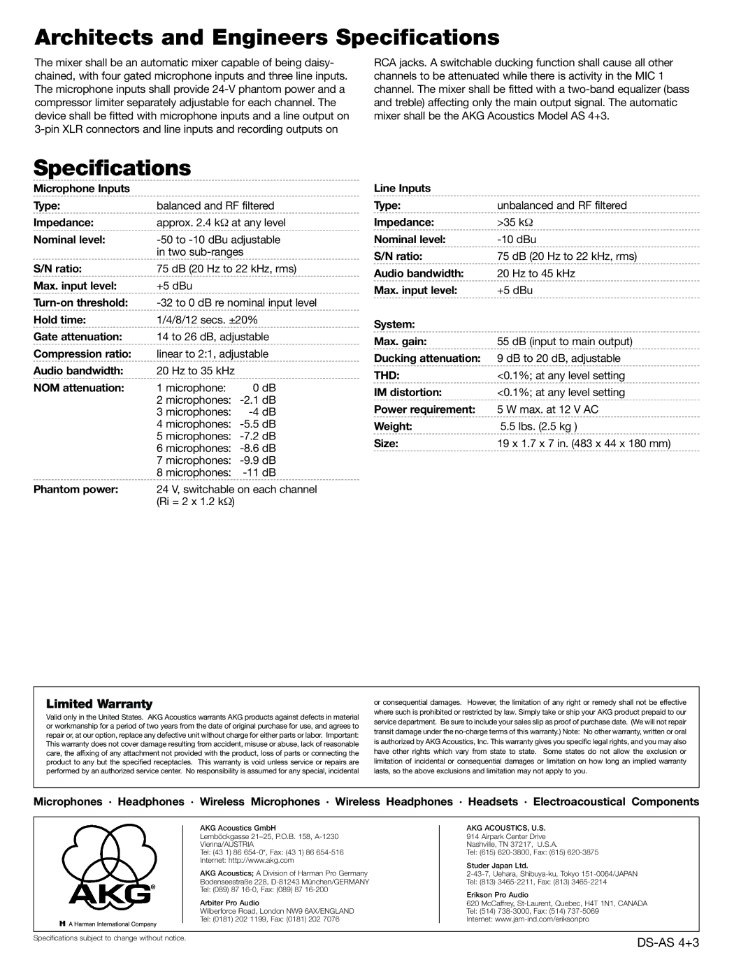 AKG Acoustics AS 4+3 manual Architects and Engineers Specifications, Limited Warranty, Thd, Akg Acoustics, U.S 