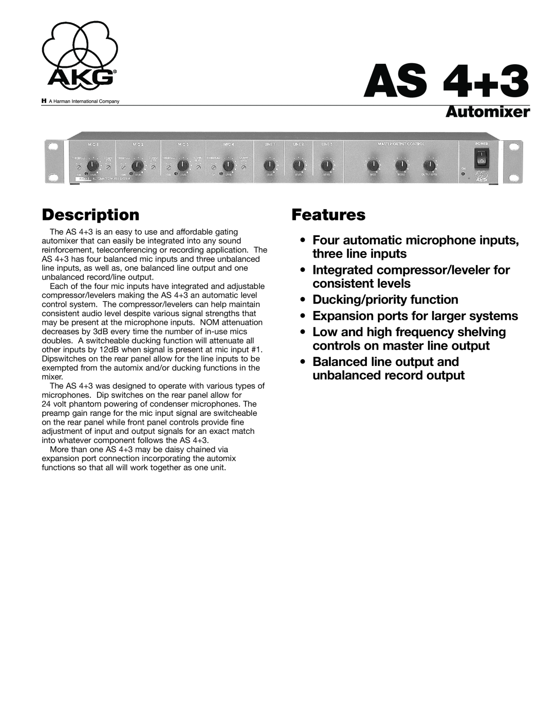 AKG Acoustics AS 4+3 manual Description, Automixer Features, Four automatic microphone inputs, three line inputs 