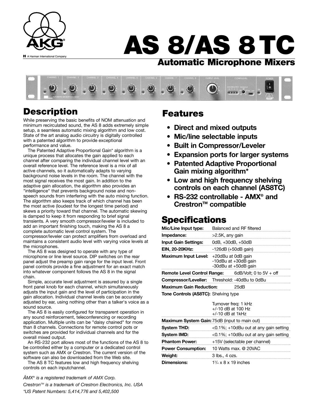 AKG Acoustics AS 8 TC specifications Automatic Microphone Mixers, Description, Features, Specifications, AS 8/AS 8TC 