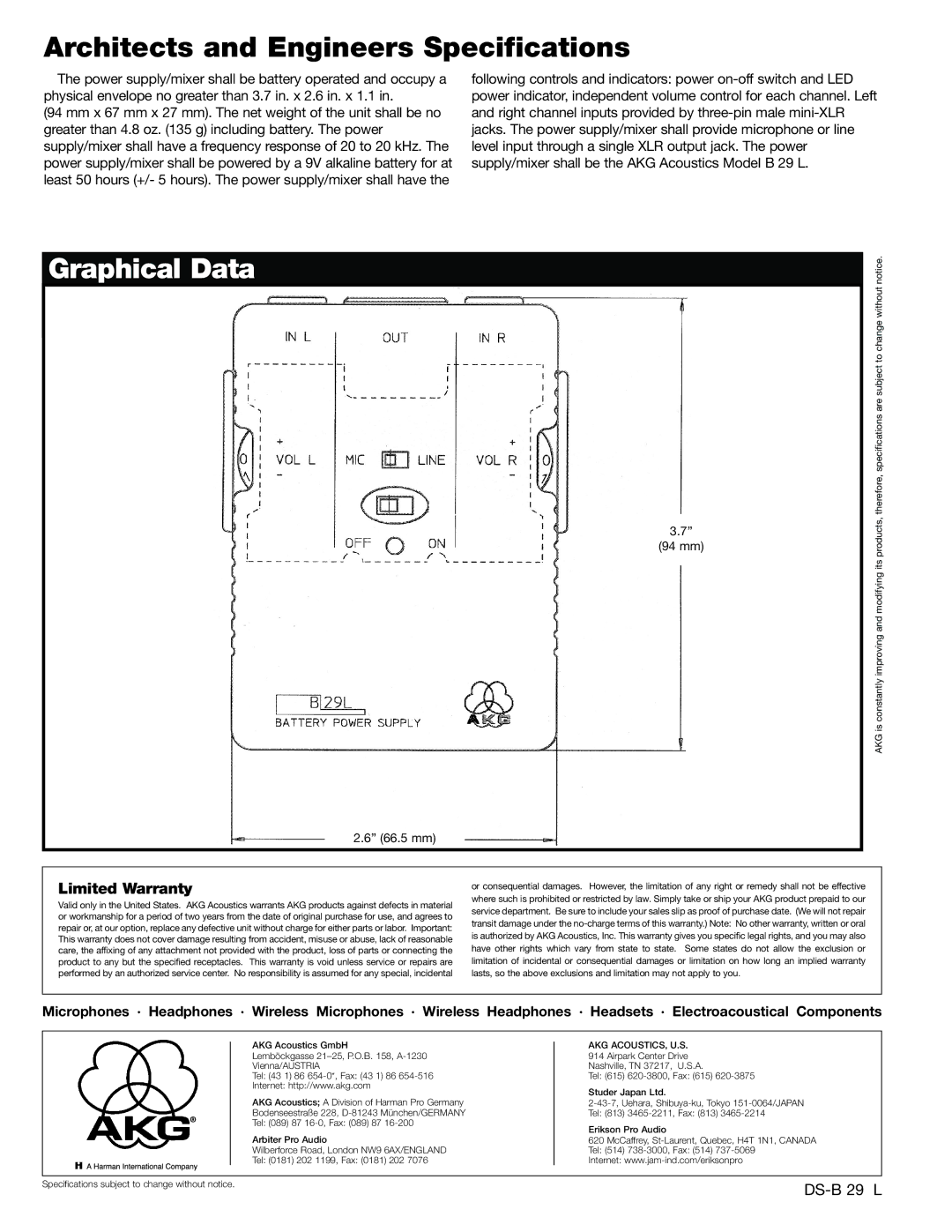 AKG Acoustics B 29L specifications Architects and Engineers Specifications, Graphical Data, Limited Warranty, 94 mm 66.5 mm 