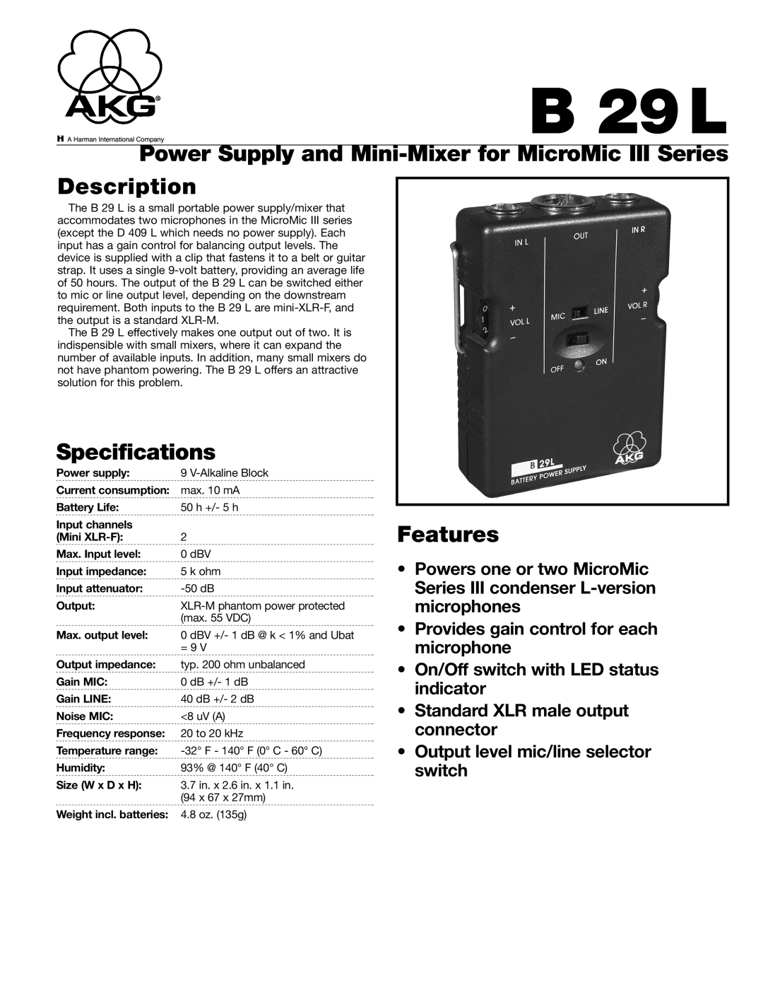 AKG Acoustics B 29L specifications Power Supply and Mini-Mixer for MicroMic III Series Description, Specifications 