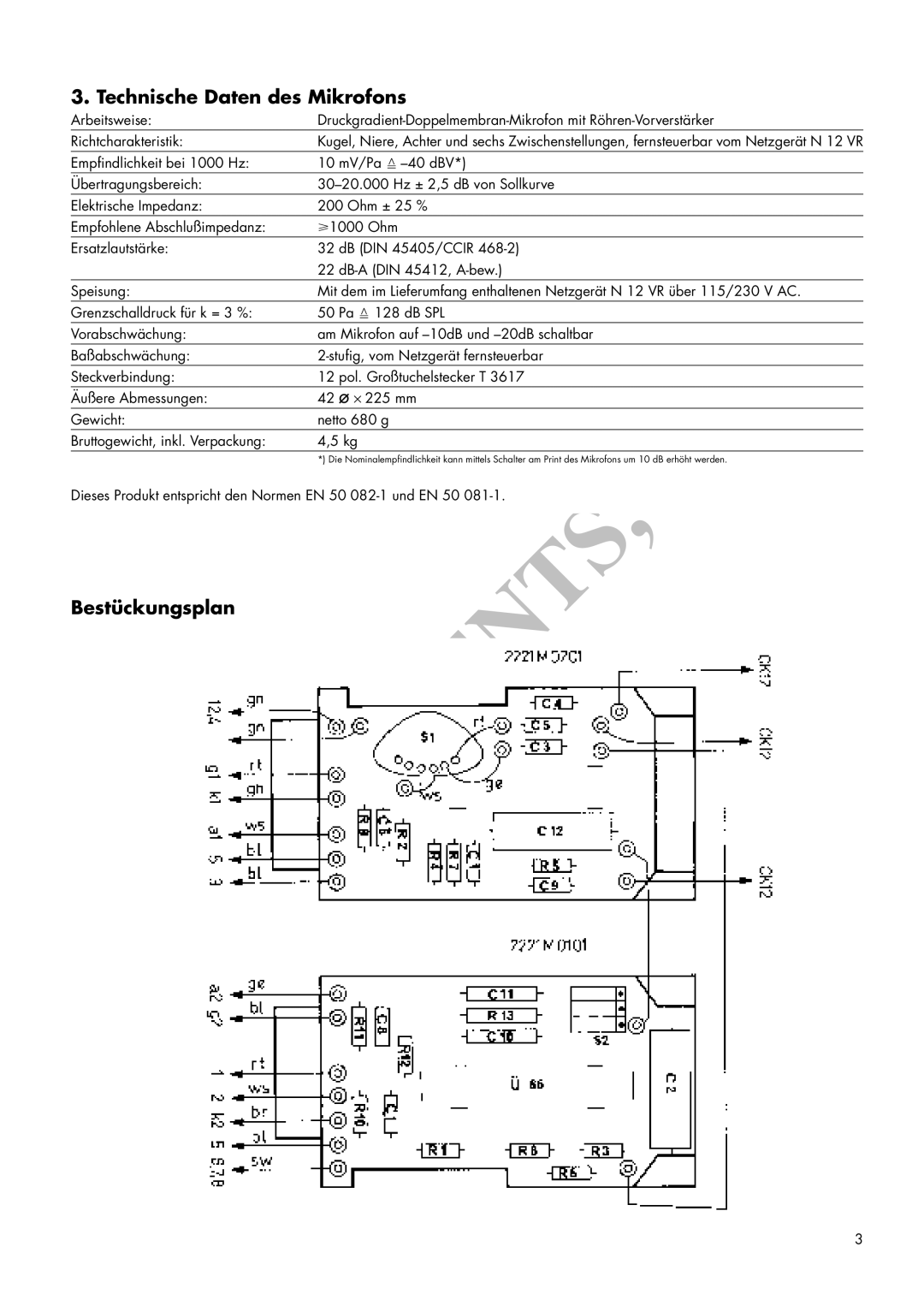 AKG Acoustics C 12VR manual Technische Daten des Mikrofons, Bestückungsplan 