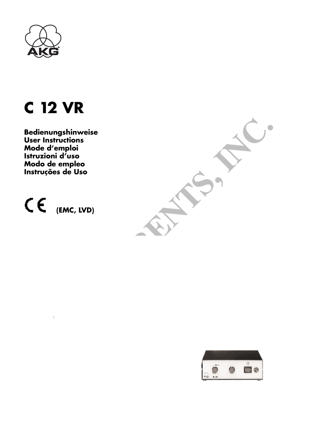 AKG Acoustics C 12VR manual C 12 VR, Emc, Lvd 