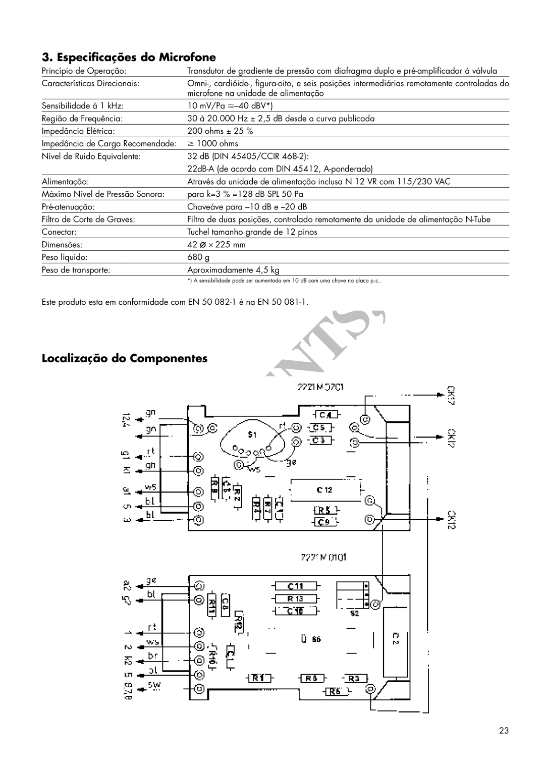 AKG Acoustics C 12VR manual Especificações do Microfone, Localização do Componentes 