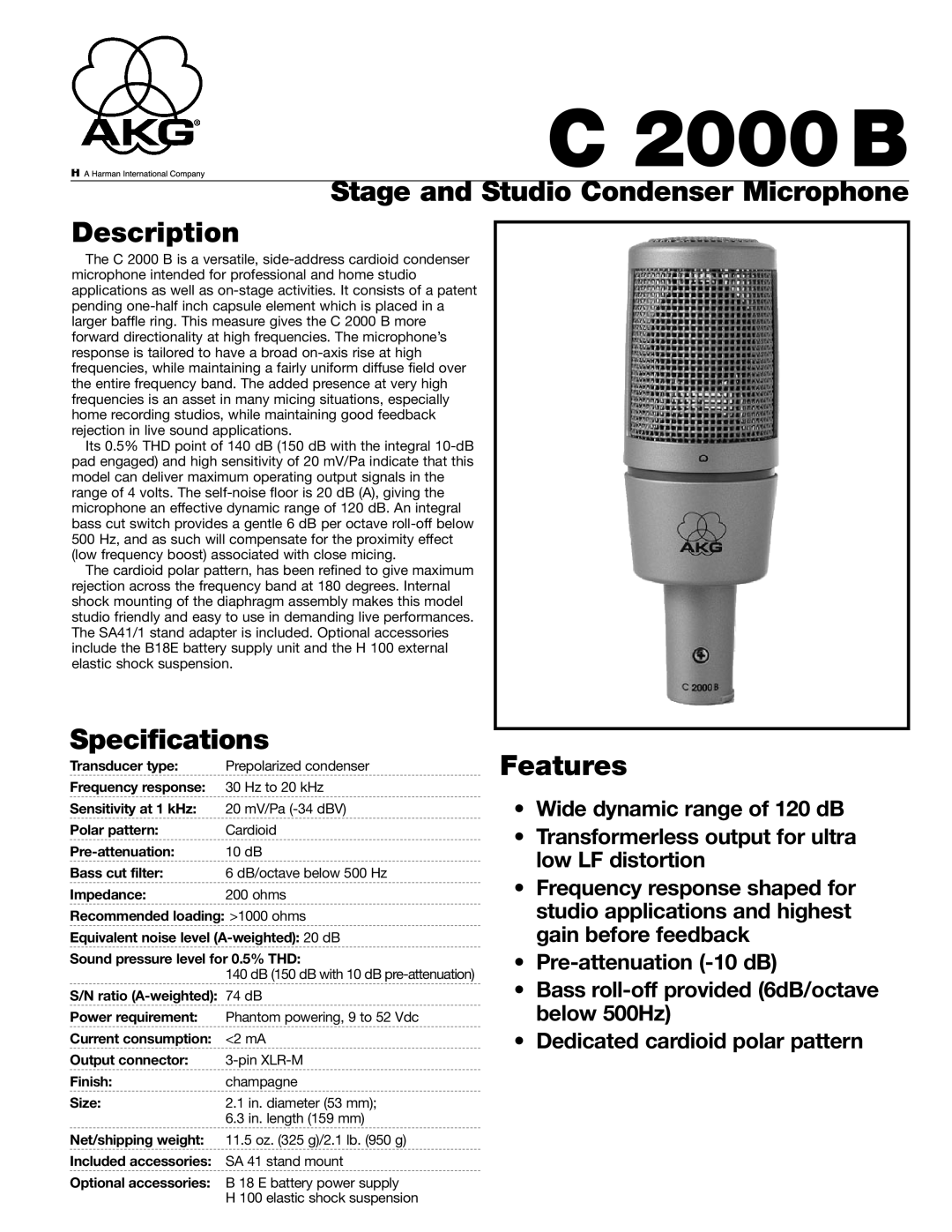 AKG Acoustics C 2000 B specifications 2000B, Stage and Studio Condenser Microphone Description, Specifications, Features 