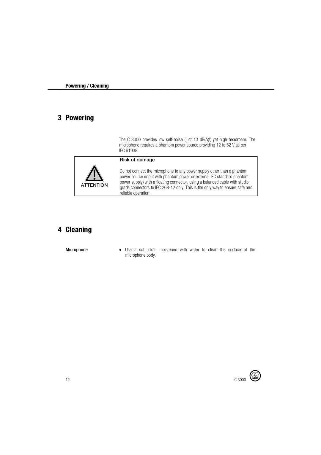 AKG Acoustics C 3000 manual Powering, Cleaning, Microphone body 