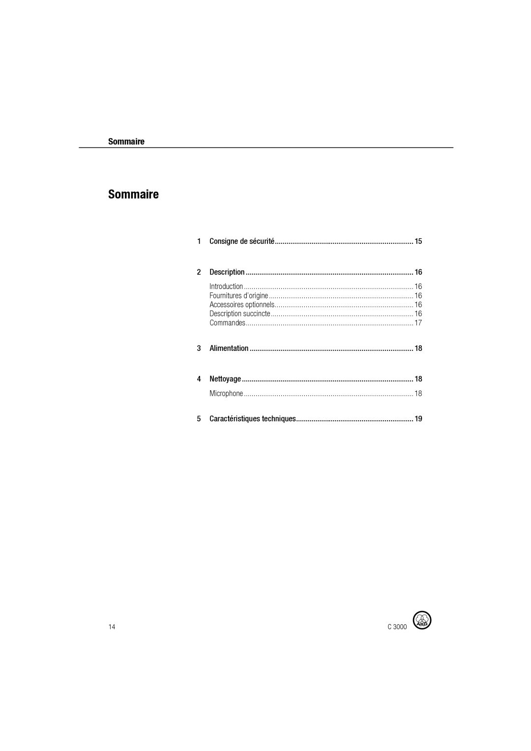 AKG Acoustics C 3000 manual Sommaire, Consigne de sécurité 