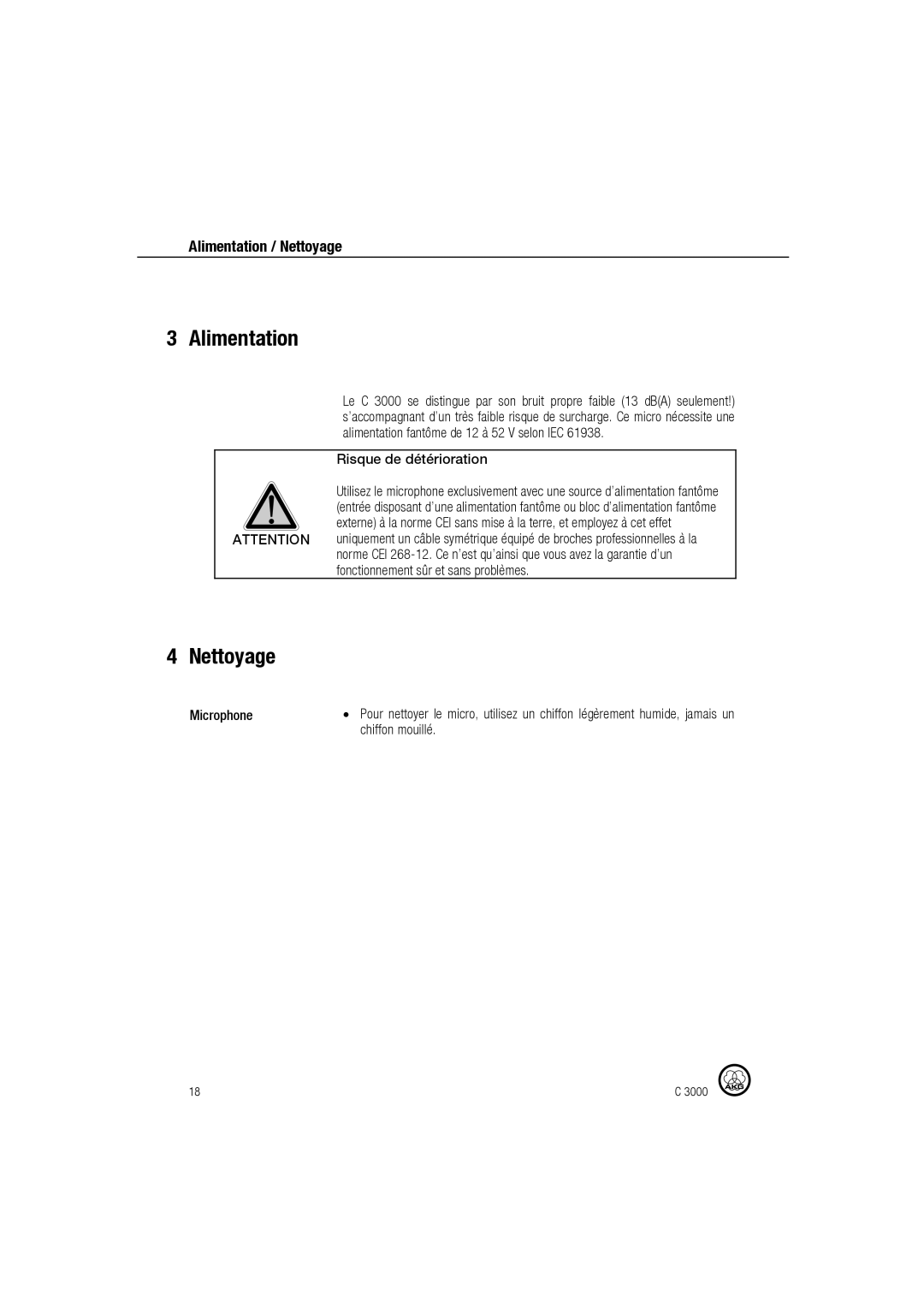 AKG Acoustics C 3000 manual Alimentation, Nettoyage, Chiffon mouillé 