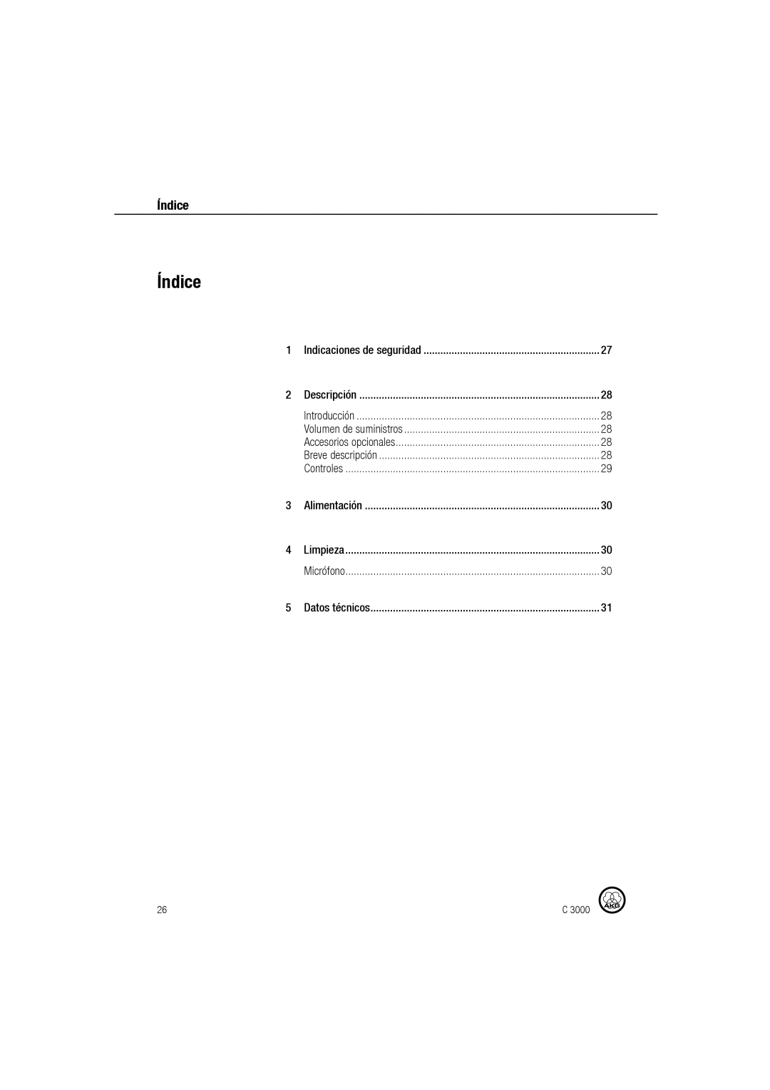 AKG Acoustics C 3000 manual Índice, Indicaciones de seguridad 