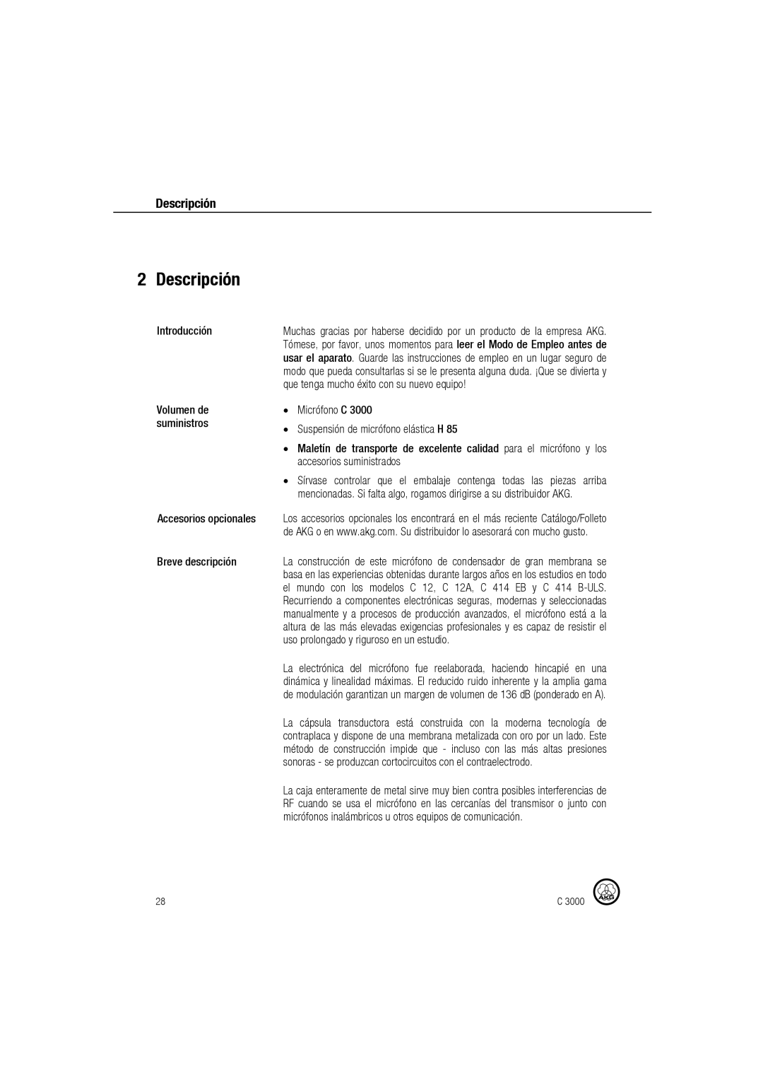 AKG Acoustics C 3000 manual Descripción, Introducción, Accesorios opcionales Breve descripción 