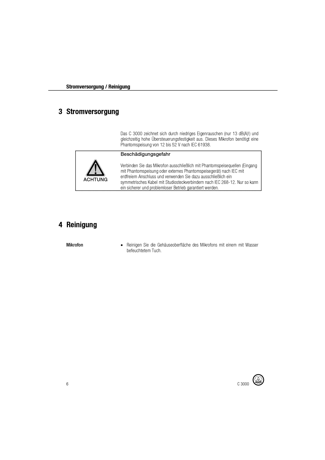 AKG Acoustics C 3000 manual Stromversorgung, Reinigung, Mikrofon, Befeuchtetem Tuch 