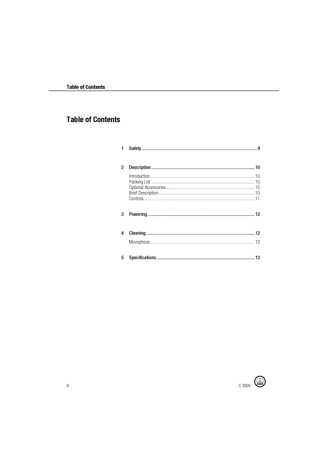 AKG Acoustics C 3000 manual Table of Contents 