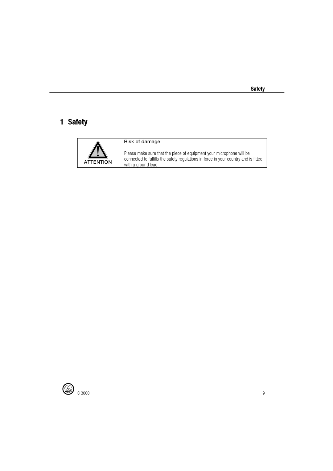 AKG Acoustics C 3000 manual Safety, Risk of damage 