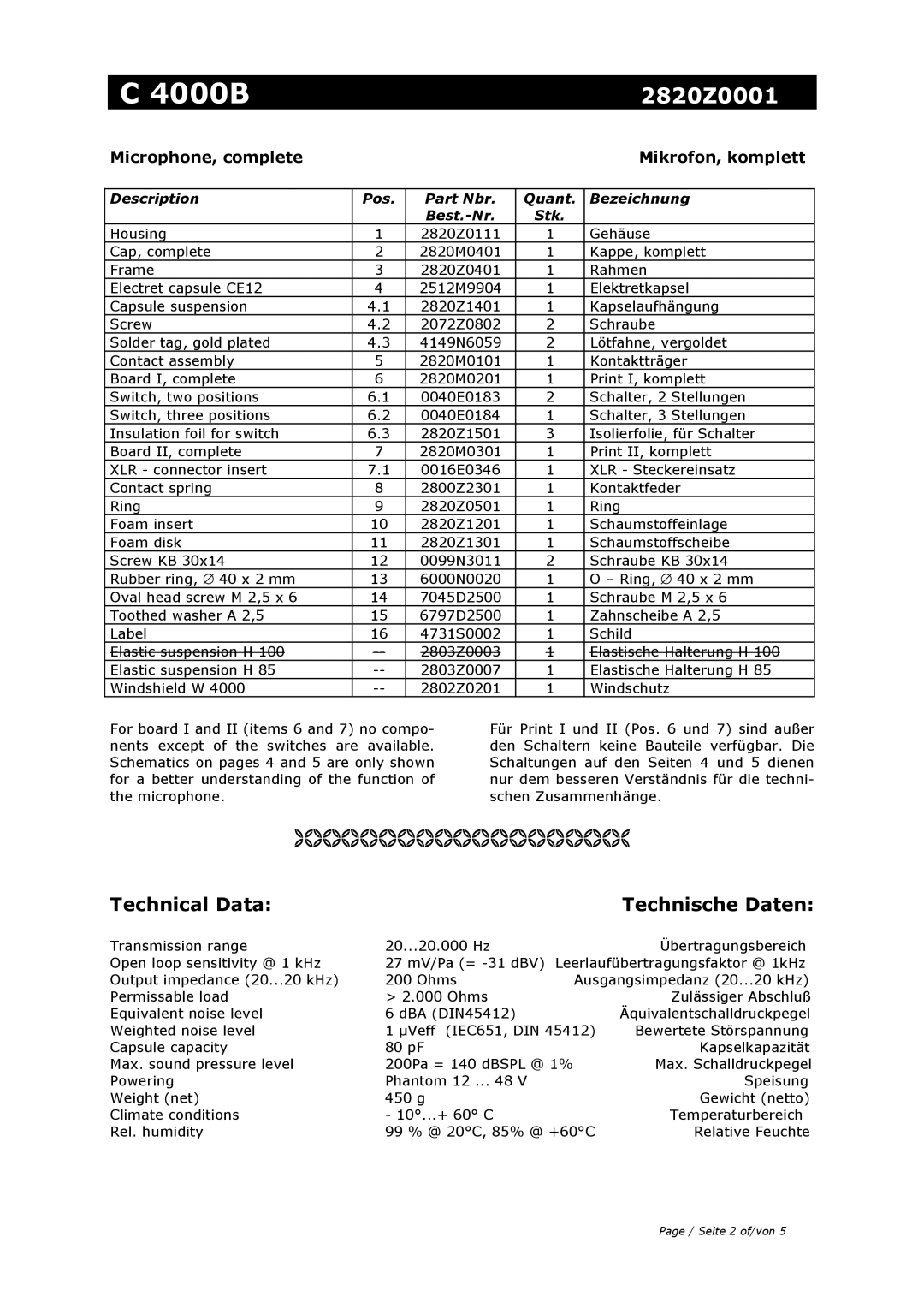 AKG Acoustics C 4000B 2820Z0001 manual Technical Data Technische Daten 