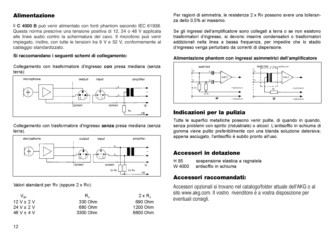 AKG Acoustics C 4000B manual Alimentazione, Indicazioni per la pulizia, Accessori in dotazione, Accessori raccomandati 