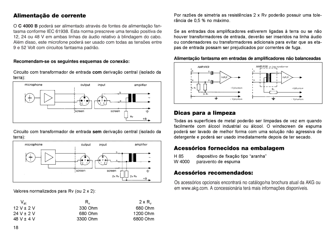 AKG Acoustics C 4000B manual Alimentação de corrente, Dicas para a limpeza, Acessórios fornecidos na embalagem 