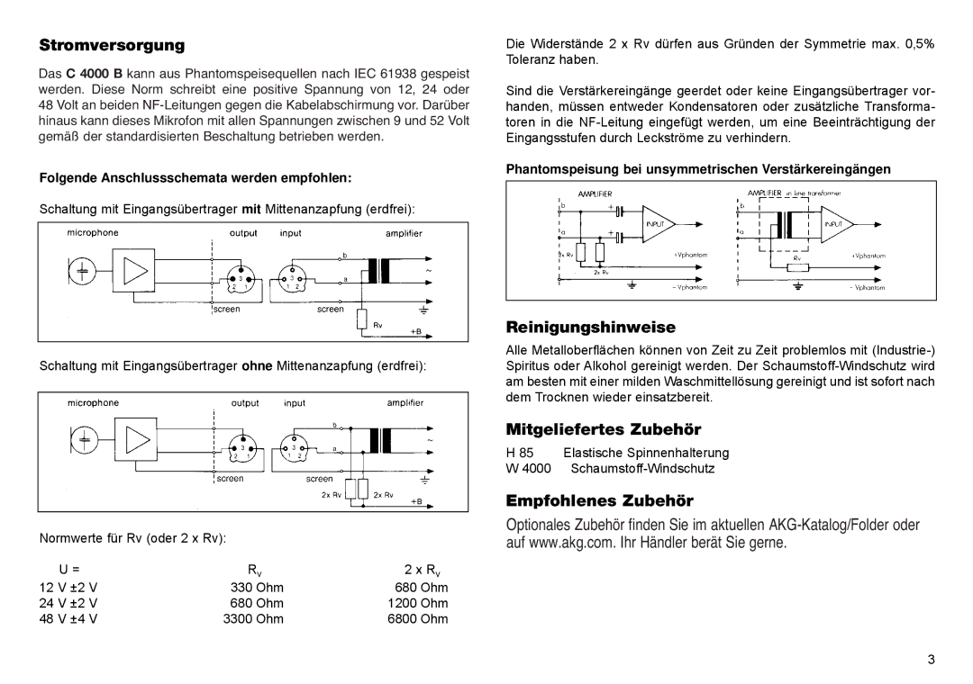 AKG Acoustics C 4000B manual Stromversorgung, Reinigungshinweise, Mitgeliefertes Zubehör, Empfohlenes Zubehör 