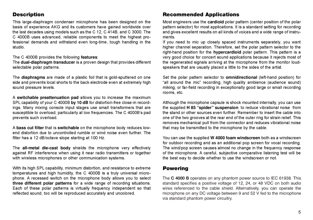 AKG Acoustics C 4000B manual Description, Recommended Applications, Powering 